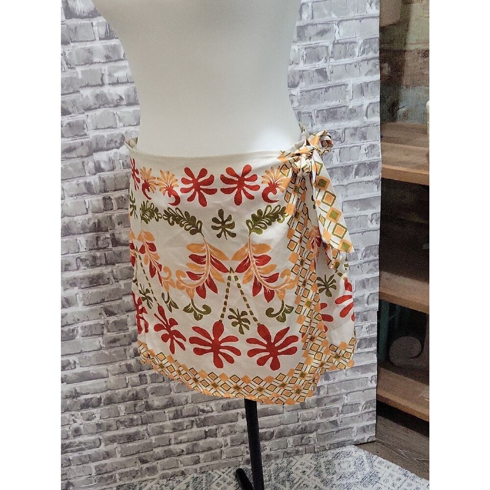 Cream Garden Print Floral Faux Wrap Skirt with Red & Olive Accents Sz XL